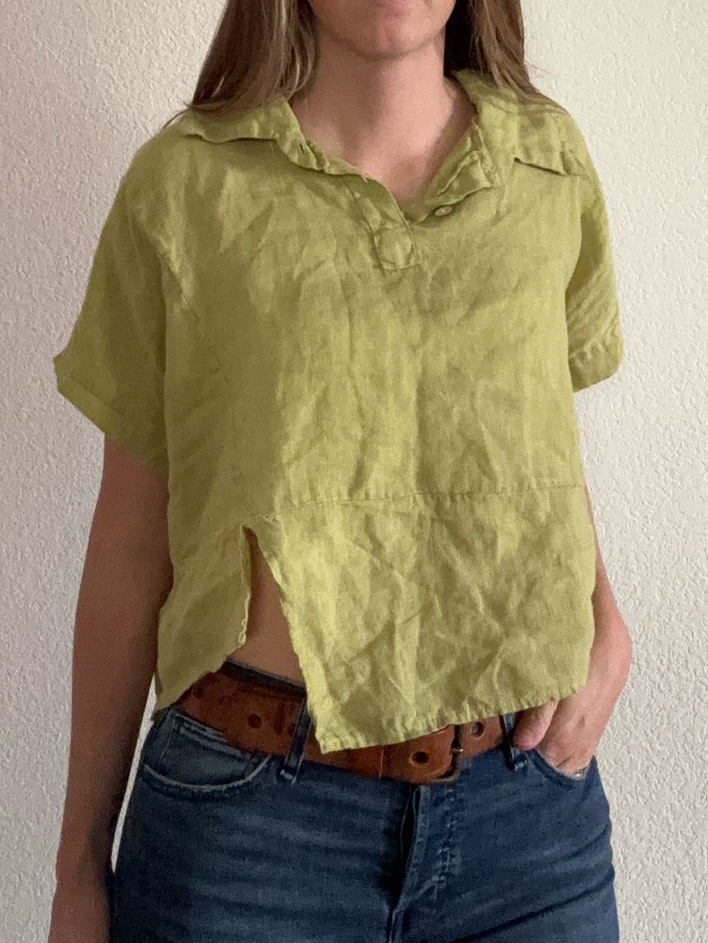 100% linen lime Green asymmetrical boxy top